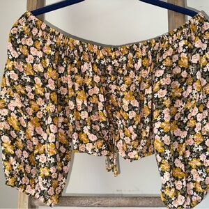 American Eagle Outfitters Floral Off-Shoulder Crop Top - Black, Pink, Mustard